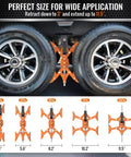 X Shaped Wheel Chocks For Travel Trailers With Drill Adjust, between dual tires, adjustable size shown from 3 to 11.5 inches.
