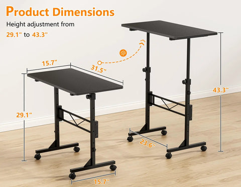 32 Inch Portable Standing Desk On Wheels, Adjustable Height Sit Stand Desk For Small Spaces, Product Dimensions Shown