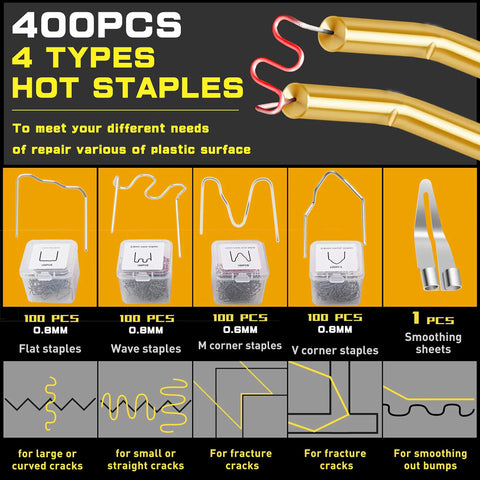 400 PCS 4 types of hot staples and smoothing sheet for crack repair in 2 In 1 Plastic Welder And Hot Stapler Repair Kit