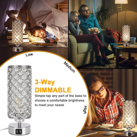Lit Crystal Table Lamp Set With Dual USB Ports, Touch Control, 3 Way Dimmable Nightstand Lamps, Acrylic Chrome Finish