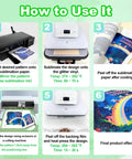 Step-by-step guide for using 20Pcs Sublimable White Glitter HTV Vinyl and Printable Sublimation Paper Combo for DIY printing.