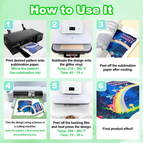 Step-by-step guide for using 20Pcs Sublimable White Glitter HTV Vinyl and Printable Sublimation Paper Combo for DIY printing.