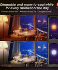Restaurant scene with dimmable Edison ST19 ST64 WiFi LED Smart Bulb, tunable white, showing app control on phone screens.