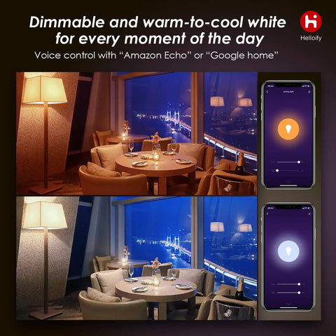 Restaurant scene with dimmable Edison ST19 ST64 WiFi LED Smart Bulb, tunable white, showing app control on phone screens.