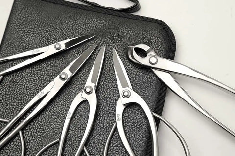 Six Piece Bonsai Tool Kit With Long Handle Scissors 8 Inch And 7 Inch, Top Pruning Scissors 7.85 Inch, in black case