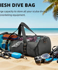 Large Mesh Dive Bag For Scuba Gear And Snorkeling Essentials With Waterproof Phone Pouch on beach with gear, palm in background