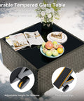 All Weather Wicker Outdoor Furniture Set glass table with fruits, books, and adjustable height feature shown