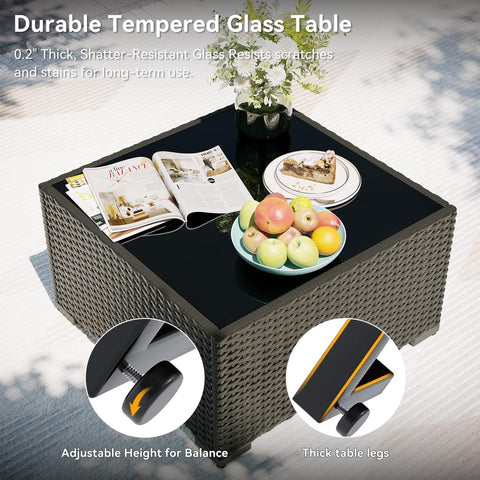 All Weather Wicker Outdoor Furniture Set glass table with fruits, books, and adjustable height feature shown