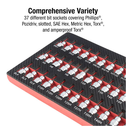 Beefy 37 Piece Three Eighths Inch Drive Bit Socket Set With Phillips Pozidriv Slotted SAE Hex Metric Hex Torx Tamperproof Torx