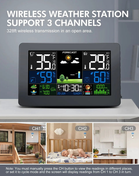 All In One Weather Station With Wireless Indoor And Outdoor Sensors Seven Point Five Inch Display HD Three Sensor Outdoor Thermometer Real Time Weather Forecast Atomic Clock Barometric Pressure Moon Phase Easy Home Weather Monitoring displayed with room settings