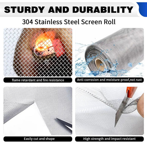 304 Stainless Steel Window Screen Mesh Roll 47 Inch By 98 Ft with flame, water, cutting, and impact resistance features.
