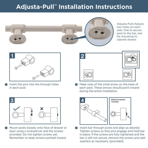 Installation instructions for Adjustable Drawer Pulls 5 Pack In Champagne Bronze With Fluted Edge For Kitchen Cabinets And Furniture Fits 1 3 8 To 6 5 16 Inch Hole Centers.