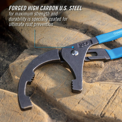 Oil Filter And PVC Plier 209 with Adjustable Four Position Grip on rugged surface showcasing rust prevention coating.