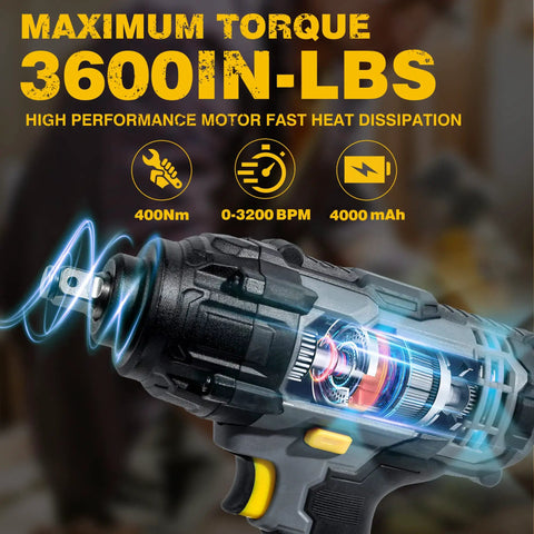 Cordless Impact Wrench One Half Inch With Five Beefy Torque Settings Up To 400 Nm And 300 Ft-Lbs Max tool with 3600 in-lbs label.
