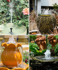 Collage of solar water features using DIY Solar Fountain Pump 2.5W With Six Nozzles And Four Foot Water Pipe for outdoor decoration