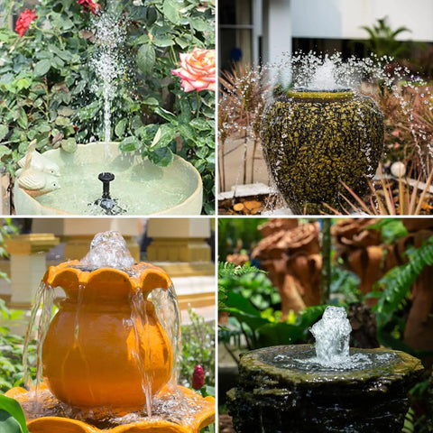 Collage of solar water features using DIY Solar Fountain Pump 2.5W With Six Nozzles And Four Foot Water Pipe for outdoor decoration