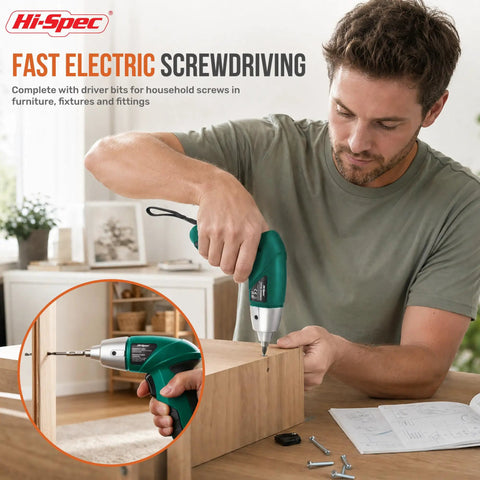 Man using 4V Cordless Electric Screwdriver Kit With USB Rechargeable Battery, 42 Piece DIY Home Repair Set, Green