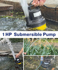 Reliable Submersible Sump Pump Equipped With A Beefy One Horsepower Motor And 3500GPH Flow Rating in yellow housing working in water.