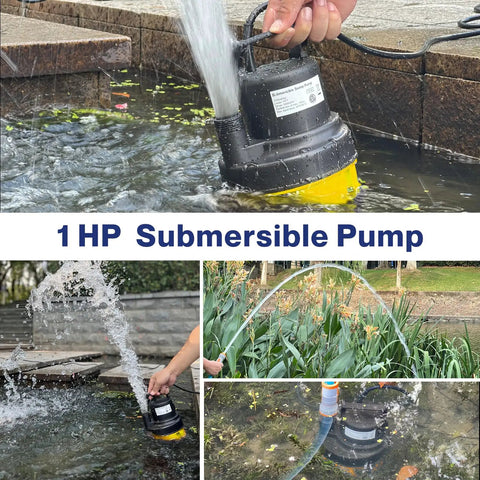Reliable Submersible Sump Pump Equipped With A Beefy One Horsepower Motor And 3500GPH Flow Rating in yellow housing working in water.