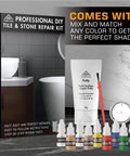 Tile And Stone Repair Kit For Cracked Marble Ceramic And Granite Surfaces with putty and color mixing bottles on display