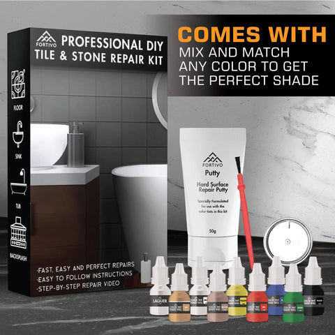 Tile And Stone Repair Kit For Cracked Marble Ceramic And Granite Surfaces with putty and color mixing bottles on display