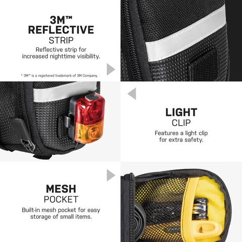 Aero Wedge Saddle Pack With Quick Clip Strap Mount For Bikes, Medium, Black, featuring a 3M reflective strip, light clip, and mesh pocket.