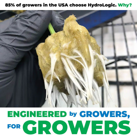 Gloved hand holding plant roots in growing medium, highlighting HydroLogic choice by 85% of USA growers