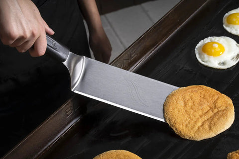 Extra Long Griddle Spatula Set Of 2 For Flat Top Grills Beefy Heavy Duty Stainless Steel Tools With Non Slip Plastic Handles lifting bun