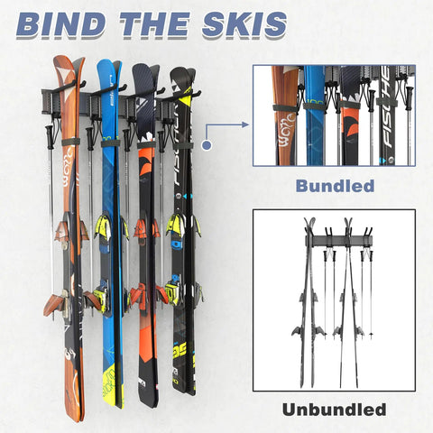 Heavy Duty Ski Wall Rack Storage System With Adjustable 32 Inch Rails Holds Up To 10 Pairs Of Skis, installed view