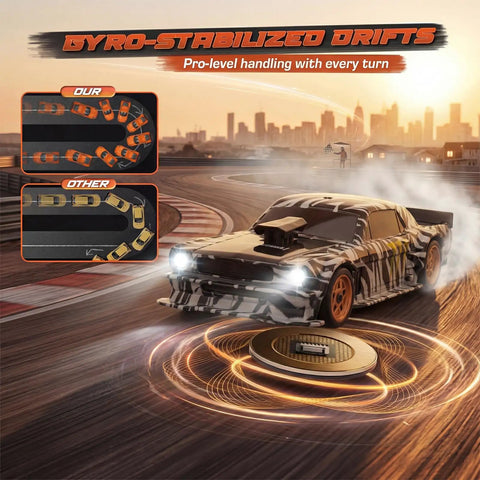 Mini 1/43 Scale Drift RC Car With Gyro And 2.4GHz Proportional Remote showing gyro-stabilized drifts on track.