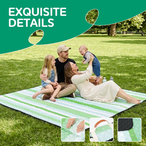 Family on XL Waterproof Beach Blanket For Picnics And Camping, green striped design, relaxing outdoors in a park