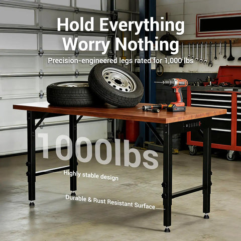 Heavy Duty Adjustable Workbench Legs With Power Outlets And Rubber Pads Set Of 4 Built Tough For DIY Computer Desk shown holding weight