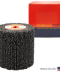 Black Cleaner Flap Wheel Strips Drum 110x100mm 4 Inch 40 Grit in front of packaging