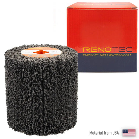 Black Cleaner Flap Wheel Strips Drum 110x100mm 4 Inch 40 Grit in front of packaging