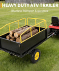 Heavy Duty Tow Behind Dump Cart Trailer For Lawn Care And Yard Work, 750 Lb Capacity, attached to mower with logs