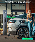 Woman charging EV with Level 2 EV Charger 32Amp 7.68kW Portable Home Charger, 25Ft Cable, NEMA 14-50 Plug, IP66, 240V.