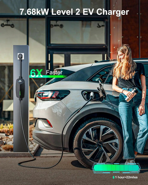 Woman charging EV with Level 2 EV Charger 32Amp 7.68kW Portable Home Charger, 25Ft Cable, NEMA 14-50 Plug, IP66, 240V.