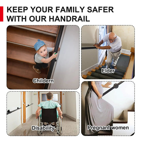 Rock Solid Five Foot Indoor Outdoor Stair Handrail Wall Mount in use by children, elderly, disabled, and pregnant women, safety focus