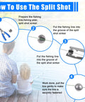 Instructional diagram on using split shot sinker with fishing line, featuring steps and tools for 77 Piece Fishing Weights Sinkers Kit.