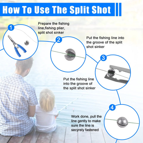 Instructional diagram on using split shot sinker with fishing line, featuring steps and tools for 77 Piece Fishing Weights Sinkers Kit.