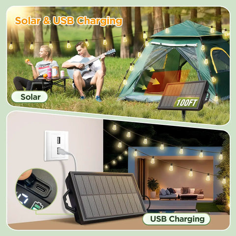 100Ft Solar String Lights Outdoor Waterproof With Remote And Timer, LED Shatterproof ST38 Bulbs, USB And Solar Powered Patio Lights