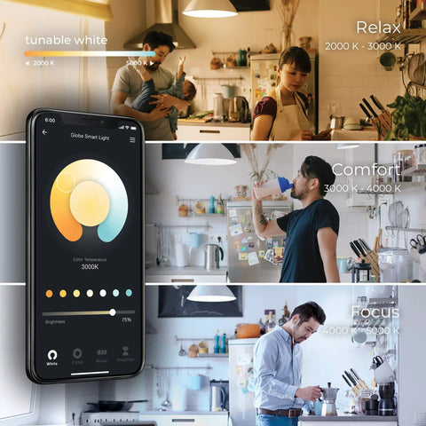 No Hub Smart LED Bulb With Multicolor Spiral Filament shown in different room settings, tunable color temperature on app screen