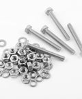 Kickass 10 Pack Of 1/4-20 X 2 Inch Stainless Steel Hex Bolts And Nuts With Washers arranged on a white surface.