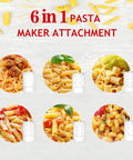6 in 1 pasta maker attachment for stand mixer with 6 shapes of pasta outlet, durable accessory for homemade noodles, easy to use.