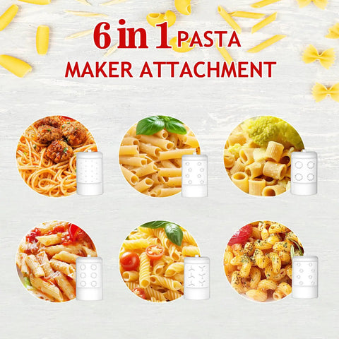 6 in 1 pasta maker attachment for stand mixer with 6 shapes of pasta outlet, durable accessory for homemade noodles, easy to use.