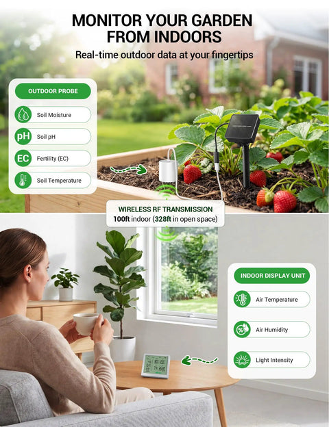 7-In-1 Wireless Soil Test Kit With Solar Power, Expandable Probes, And All-In-One Readouts For Soil Moisture, pH, Fertility, Temperature, Plus Air Humidity And Light For Garden, Lawn, And Farm; indoor display and outdoor probe