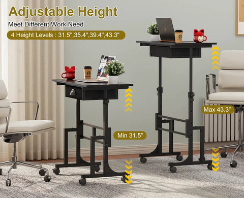 Adjustable Height Sit Stand Desk On Wheels With Drawer, Rolling Computer Desk For Standing Or Sitting, Black Mobile Desk with height display