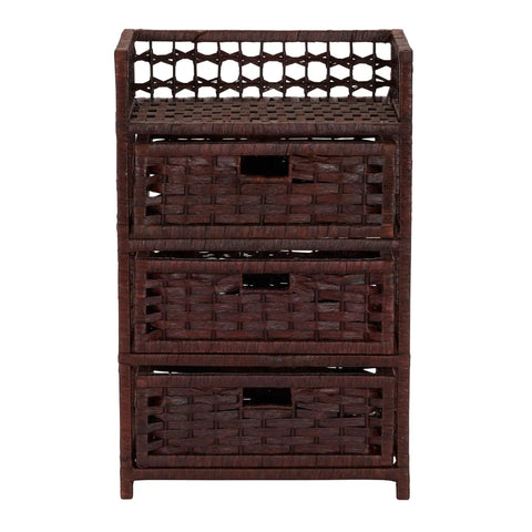 Woven 3 Drawer Chest With Cutout Handles For Small Spaces, Paper Rope Wicker Storage Organizer, Dark Stained Wood Frame, Compact Cabinet With Open Top Shelf For Nooks And Crannies
