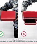Man holding Portable Three Drawer Steel Tool Box Set In Red With Magnetic Tab Locking, open and closed view side by side.