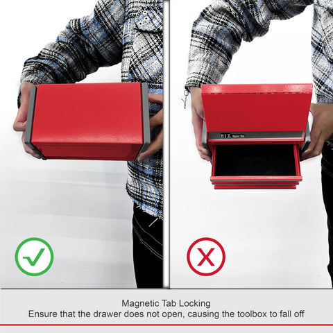 Man holding Portable Three Drawer Steel Tool Box Set In Red With Magnetic Tab Locking, open and closed view side by side.